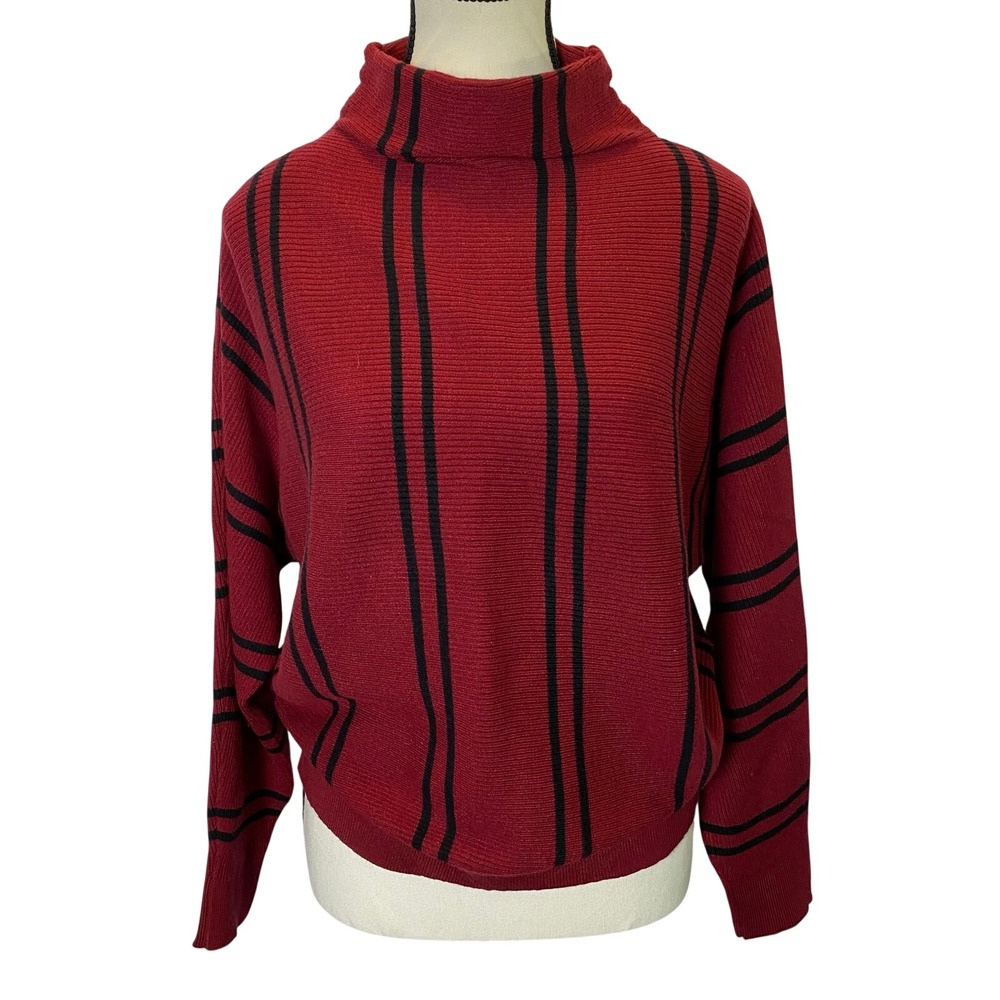 M Magaschoni Ribbed Mock Neck Dolman‎ Sweater Women's Medium Red Black Stripe